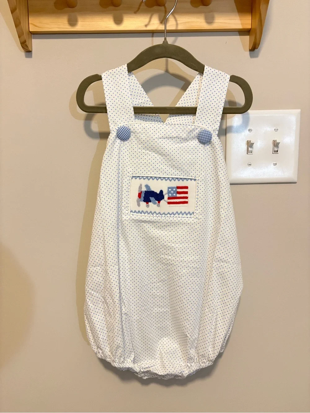 White and Blue Polka Dot Baby Bubble Romper with Flag Appliqué